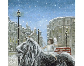 May include: A watercolor painting of a snow-covered lion statue with a winged angel sitting on its back. The statue is in front of a building with a red double-decker bus in the background. The sky is blue with falling snow.