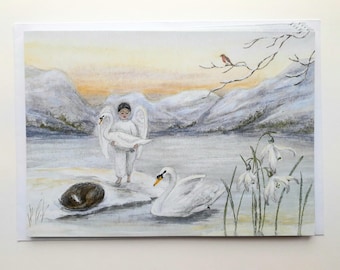 May include: A watercolor painting of a child holding a swan in a snowy landscape. The child is wearing a white robe and has wings. The swan is white and has its head turned to the side. There are snow-covered mountains in the background and a small bird perched on a branch in the upper right corner.