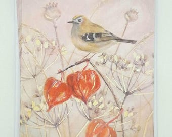 May include: A delicate watercolor painting of a small bird perched on a branch with red Chinese lanterns. The background is a soft pink with hints of gold.