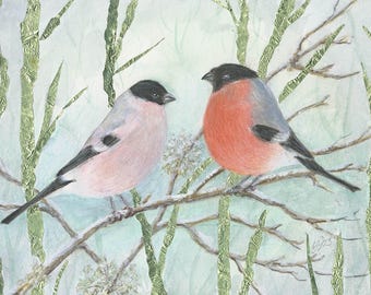 May include: Two pink and red birds perched on branches with green foliage in the background. The birds are facing each other and have black heads and wings.