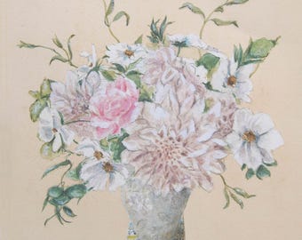 May include: A watercolor painting of a bouquet of white and pink flowers in a gray vase. The flowers are arranged in a loose, natural style and include dahlias, roses, and other blooms. The vase is sitting on a colorful patterned surface.