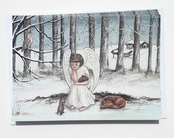 May include: A watercolor painting of an angel with wings, wearing a white dress, holding a small animal in a snowy forest setting. The angel is surrounded by other animals, including a rabbit and a fox.