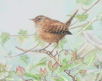 May include: Watercolor painting of a small brown bird perched on a branch with green leaves and white flowers. The bird has a light brown breast and a dark brown back. The background is a light blue.