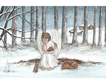 May include: A watercolor painting of an angel with wings, wearing a white dress, sitting in a snowy forest. The angel is holding a small animal in its hands. There are two other animals, a rabbit and a fox, in the snow.