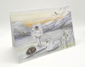 May include: A watercolor painting of a child holding a white swan in a snowy landscape. The child is wearing a white robe and has dark hair. There are two other swans in the background, one of which is swimming in the water. The painting is set against a backdrop of snow-covered mountains and a blue sky.