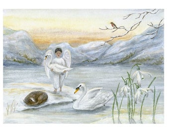May include: A watercolor painting of a young angel with wings, holding a white swan in their arms. The angel is standing on a snowy lake shore with a second swan swimming in the water. There are snowdrops blooming in the foreground and a red robin perched on a bare branch in the background.