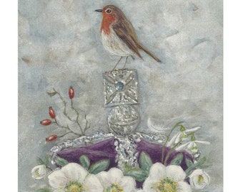 May include: A detailed painting of a European robin perched atop a silver crown with a purple velvet base. White flowers and green leaves surround the crown. Red berries and snowdrop flowers are also present. The background is a textured, light gray.