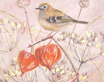May include: A watercolor painting of a small bird perched on a branch with orange paper lanterns and dried flowers. The background is a soft pink.