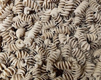 May include: A close-up of a large quantity of brown, dried pasta. The pasta is in the shape of a spiral, or a corkscrew.