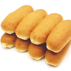 May include: A stack of eight soft, golden brown hot dog buns.
