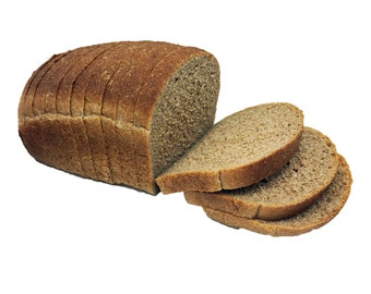 May include: A loaf of sliced brown bread. The bread is sliced and ready to eat.