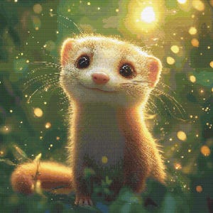 May include: A close-up of a small, light brown ferret with a white nose and big, dark eyes. The ferret is looking up with a happy expression, and the background is a blurry green with golden lights.
