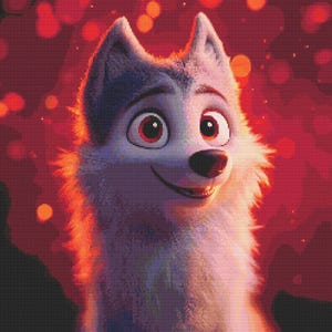 May include: A white and gray cartoon wolf with a happy expression, looking up with big brown eyes. The wolf is surrounded by a red background with blurry orange circles.