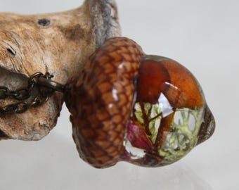 Acorn Terrarium Necklace: Real Moss and Mushroom Resin Pendant