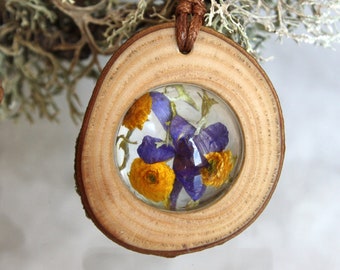 Epoxy Resin Flower Pendant, Wood Slice Necklace, Botanical Jewelry