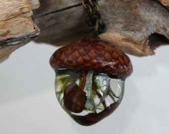 Acorn Terrarium Pendant: Real Moss & Mushroom, Forest Jewelry