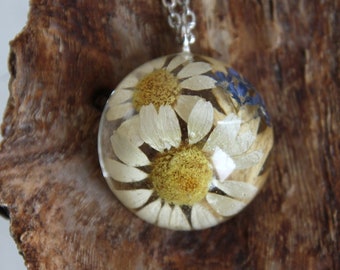 May include: A silver chain necklace with a clear glass pendant containing pressed white daisies and blue flowers.