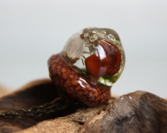 Botanical Mushroom Pendant: Acorn Cap, Moss & Resin Necklace
