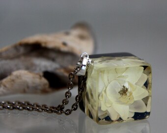 Yellow Immortelle Resin Pendant: Botanical Cube Necklace