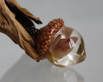 Real Acorn & Pink Immortelle Pendant: Epoxy Resin Terrarium Talisman