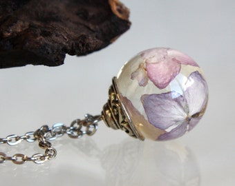 Lilac Hydrangea Resin Pendant Necklace: Botanical Terrarium Jewelry