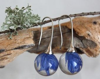 Pode incluir: Um par de brincos de argola de prata com esferas de vidro transparentes que contêm flores azuis prensadas.