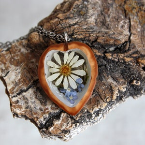 May include: A heart-shaped pendant necklace with a clear resin insert featuring a white daisy and blue forget-me-not flowers. The pendant is made from a natural walnut shell and hangs from a silver chain.