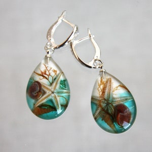 Epoxy Resin Seascape Earrings: Real Starfish Nautical Jewelry