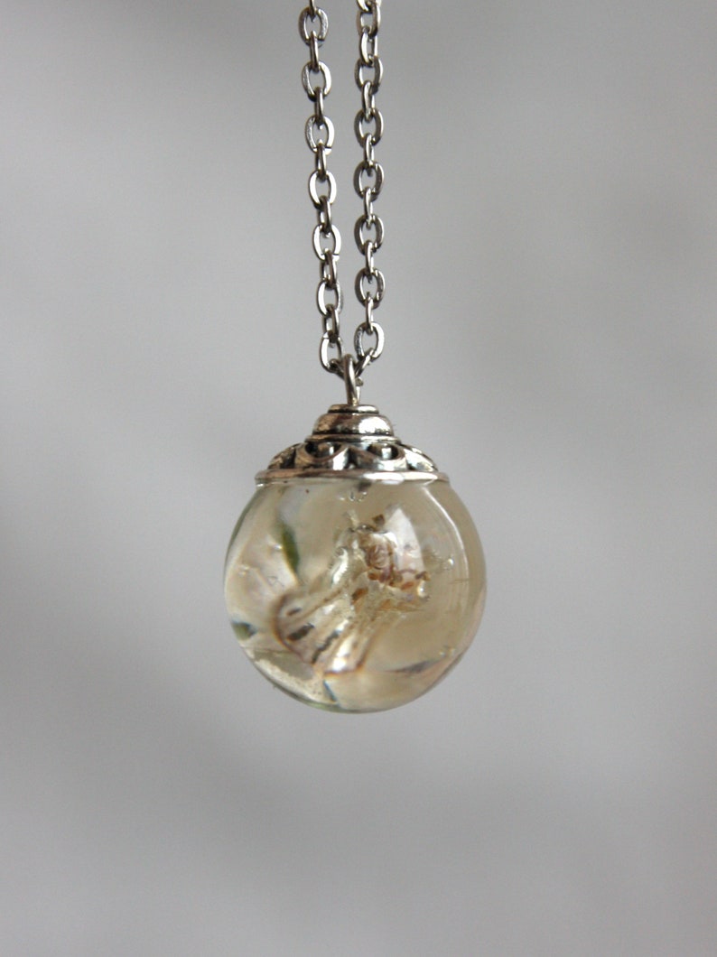 May include: A silver chain necklace with a clear glass orb pendant containing a dried flower. The orb has a silver filigree design around the top.