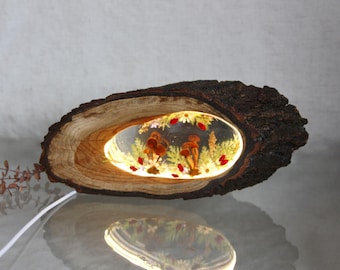 Lámpara de Bosque Encantado con Setas Reales, Luz LED de Madera Regulable