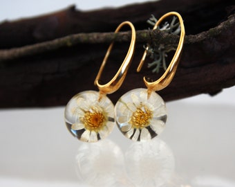 Epoxy Real Daisy Earrings, Bridal Earrings, Bridesmaid Gift,  Terrarium Earrings, Chamomile in resin, Daisies in a sphere 16 мм