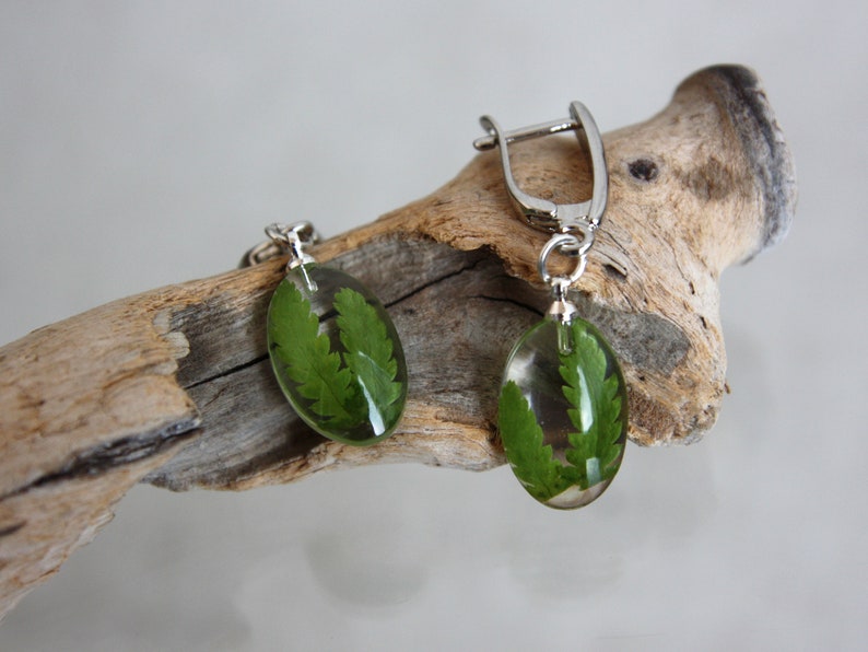 Oval fern earrings Terrarium earrings Fern leaves in epoxy resin Forest finds earrings. Botanical jewelry