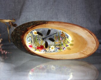 Oak Night Light, Dragonfly & Flowers in Resin, Home Decor Lighting