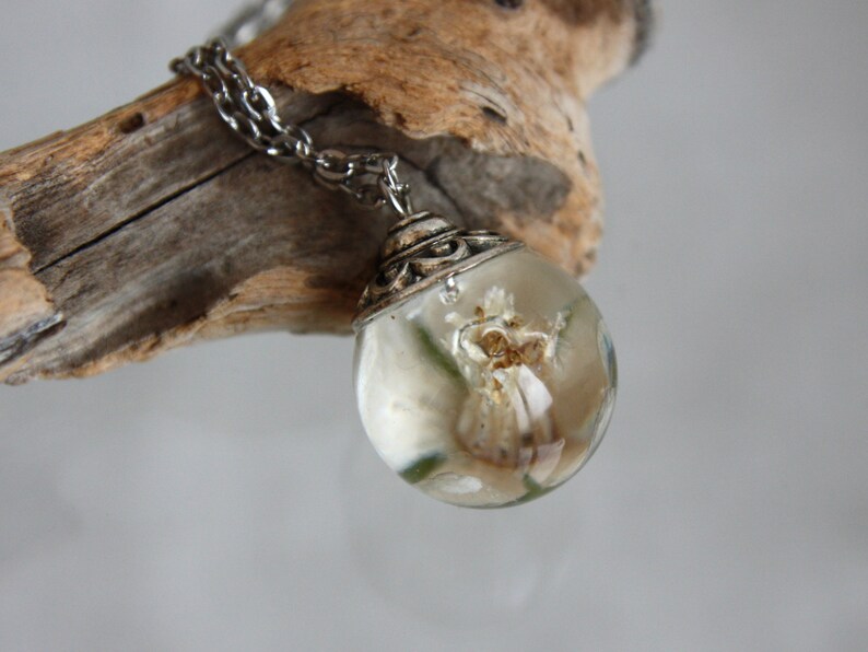 May include: A silver chain necklace with a clear glass pendant containing a preserved white flower.