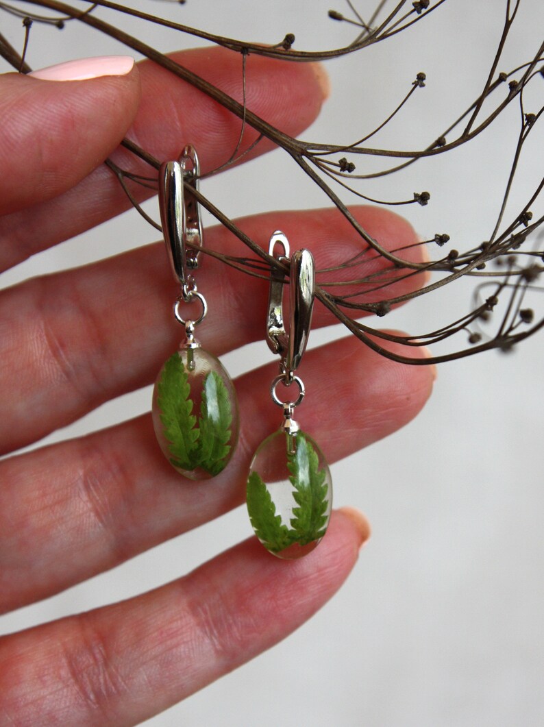 Oval fern earrings Terrarium earrings Fern leaves in epoxy resin Forest finds earrings. Botanical jewelry