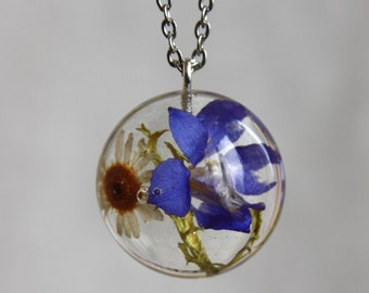 Hemisphere pendant with daisy, delphinium flowers, moss  and epoxy, Suspension terrarium, Pressed Flowers