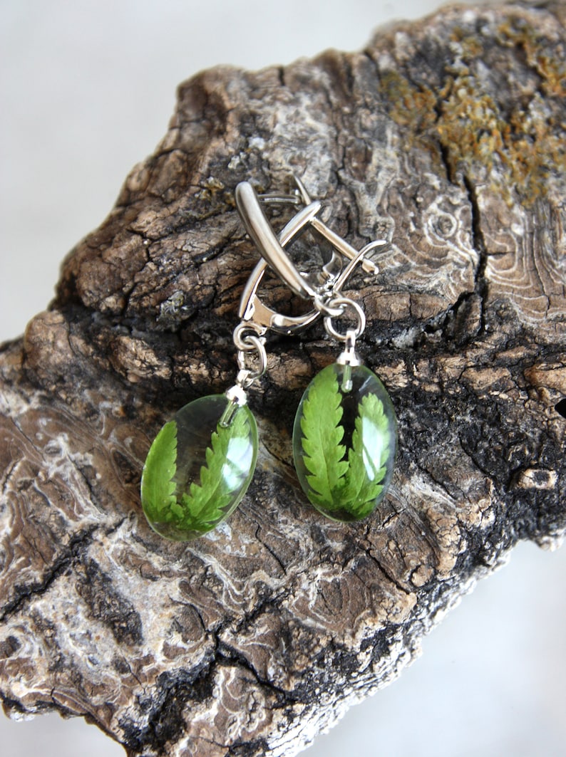 Oval fern earrings Terrarium earrings Fern leaves  in epoxy resin Forest finds earrings. Botanical jewelry