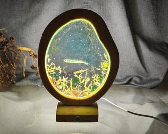 Epoxy Resin Night Light, Real Fish Sea World, Hardwood Lamp
