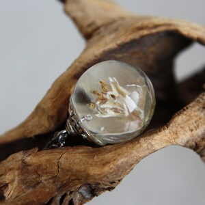 May include: A clear glass pendant with a dried flower inside. The pendant is hanging from a silver chain.