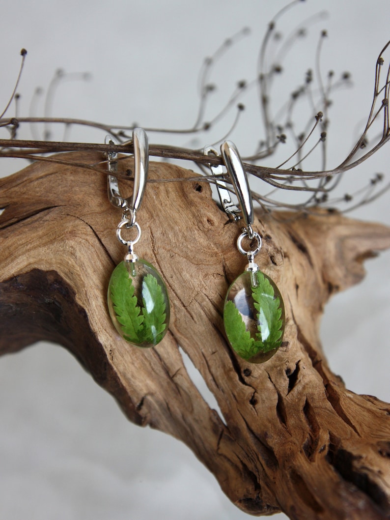 Oval fern earrings Terrarium earrings Fern leaves in epoxy resin Forest finds earrings. Botanical jewelry