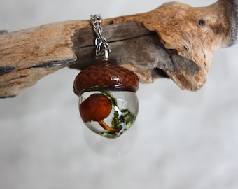 Mushroom Acorn Pendant: Forest Moss Terrarium Necklace