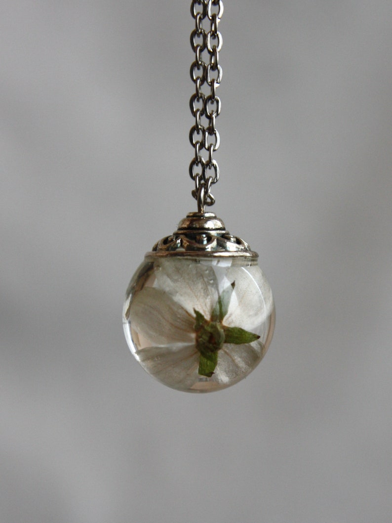 May include: A silver chain necklace with a clear glass pendant containing a preserved white flower.