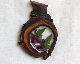 Cherry Wood Floral Wall Decor: Resin Orchid, Fern Art