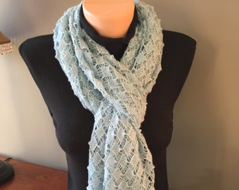 Light Blue Beaded Silk Merino Wrap - Scarf - Delicate - Beaded - Lace - Stole - One of a kind