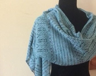 Hand Knit Shawl/Wrap in Blues and Greys with lace and stripes.  Merino, Bamboo, Alpaca, Linen