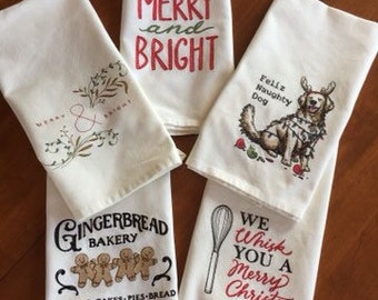 Embroidered Holiday Tea Towel - 100% Cotton - Kitchen decor - Dish towel - Christmas