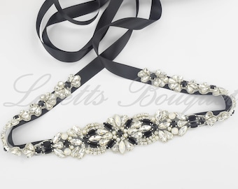 Tie on Belt - Black Bridal Belt, Bridal Sash Black, Wedding Dress Sash Belt, Black Self Tie Sash Belt Crystal B133BLK-L