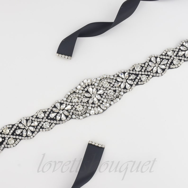 Tie on Belt Black Bridal Belt, Black Bridal Sash, Wedding Sash Belt, Crystal Pearl Belt B113BLK image 5