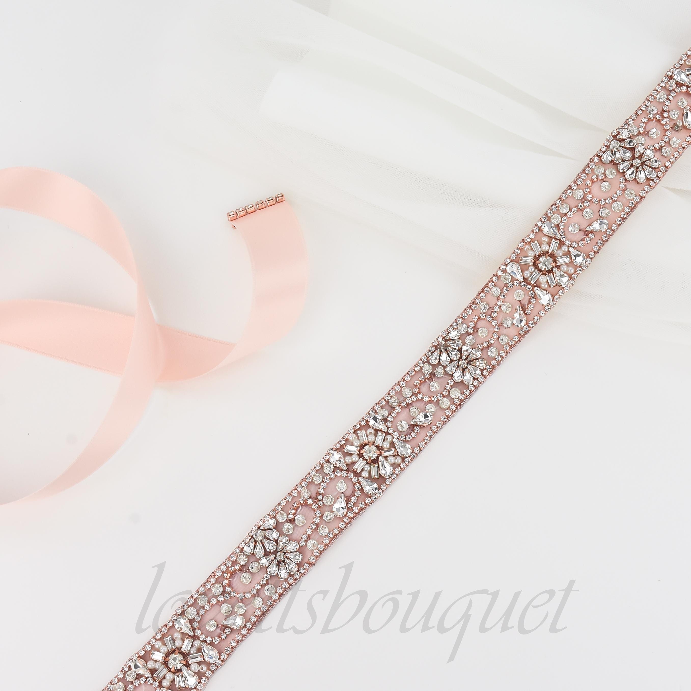 Rhinestone Rose Gold Wedding Dress Sash Belt B216RG