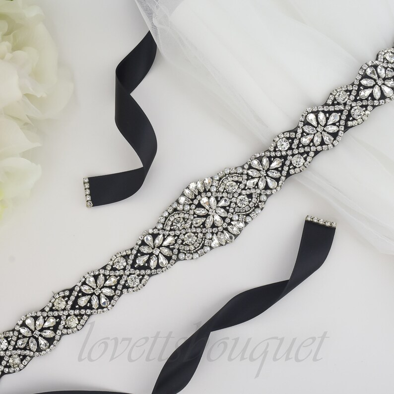 Tie on Belt Black Bridal Belt, Black Bridal Sash, Wedding Sash Belt, Crystal Pearl Belt B113BLK image 2